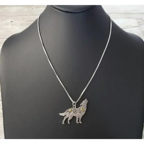 Howling Wolf with Moon & Stars Pendant Necklace - Brand New - Picture 3 of 3